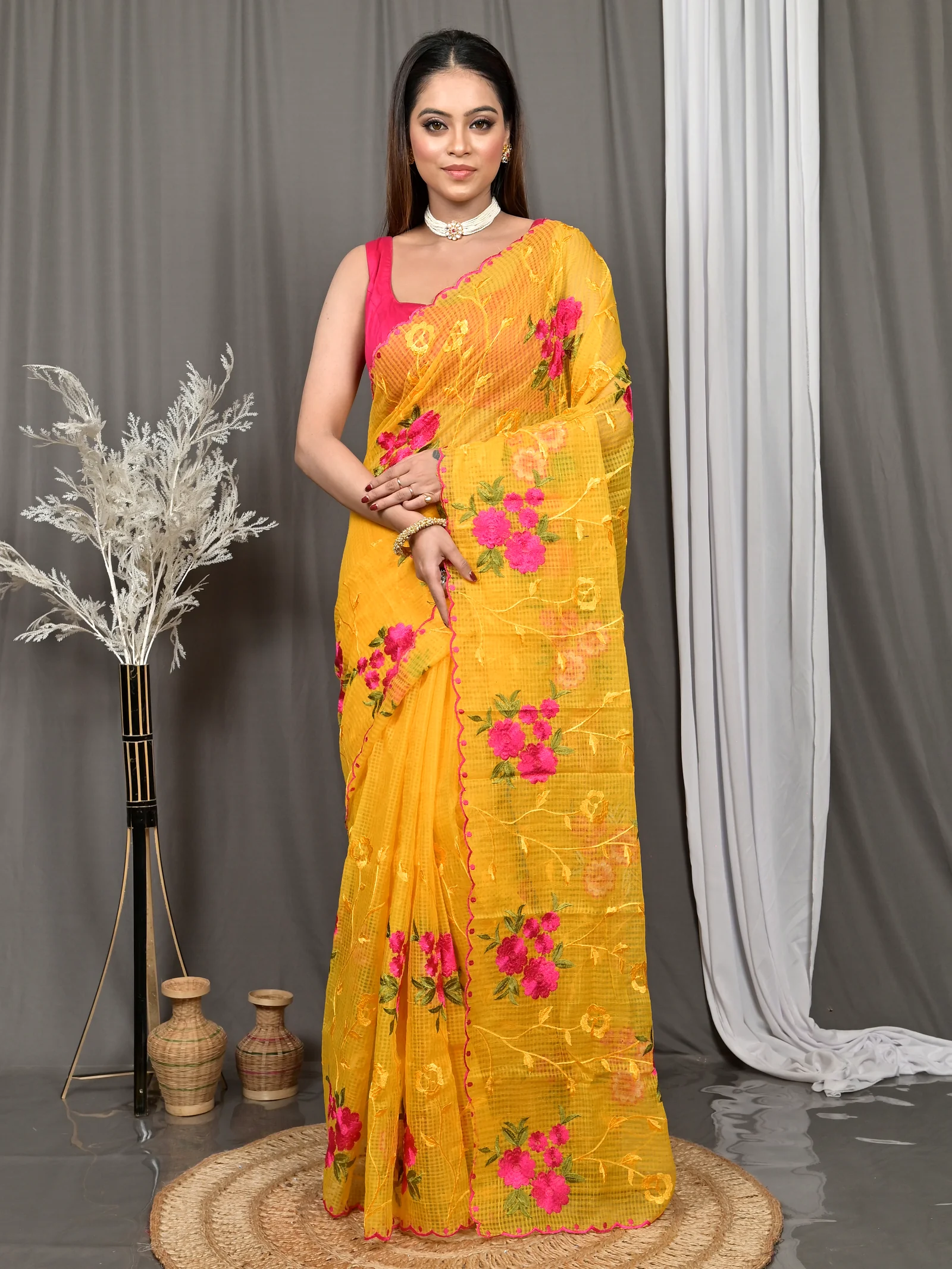 Yellow Cotton Kotambo Mix Kota Embroidery Saree  (29)