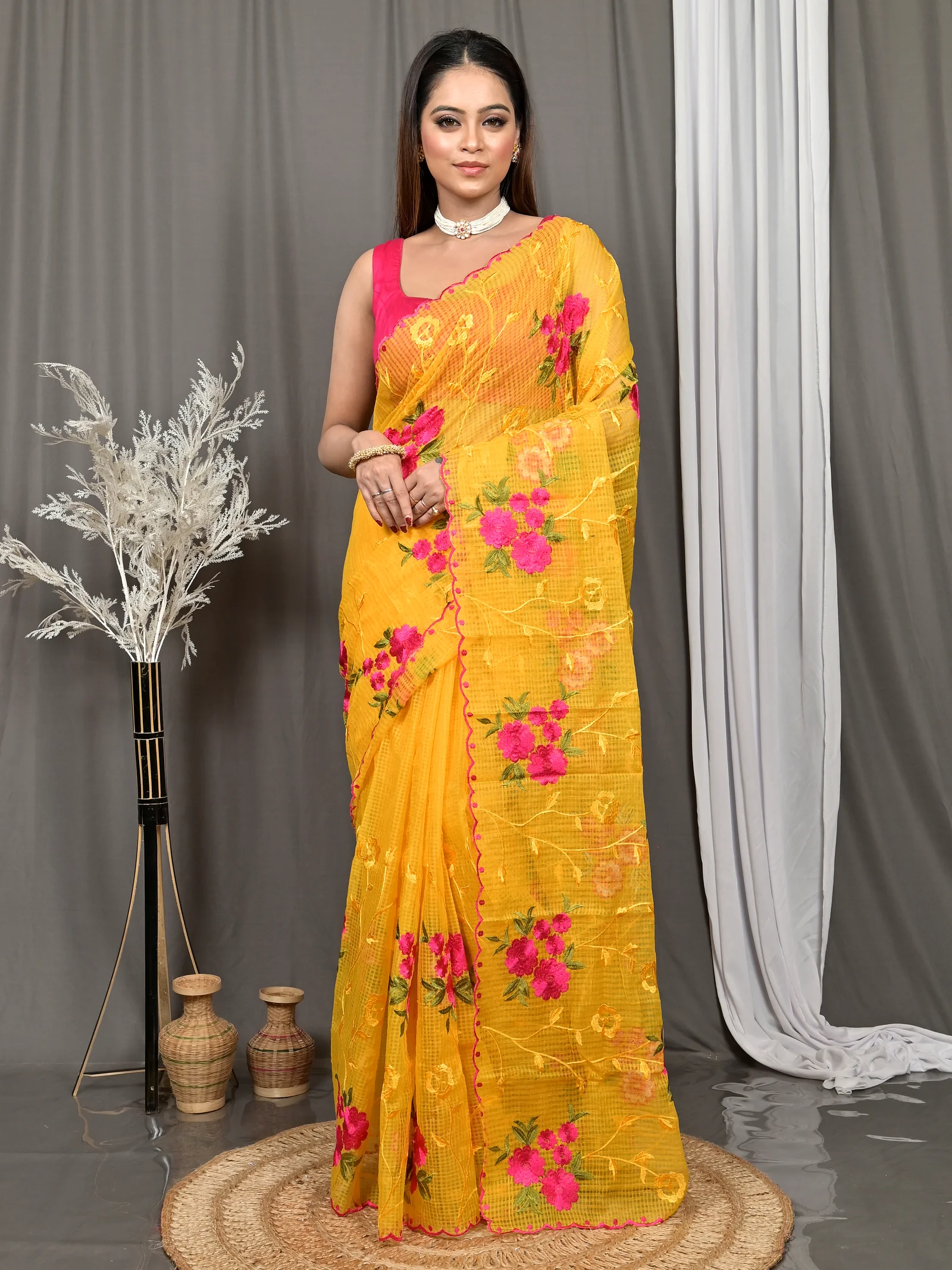 Yellow Cotton Kotambo Mix Kota Embroidery Saree  (29)