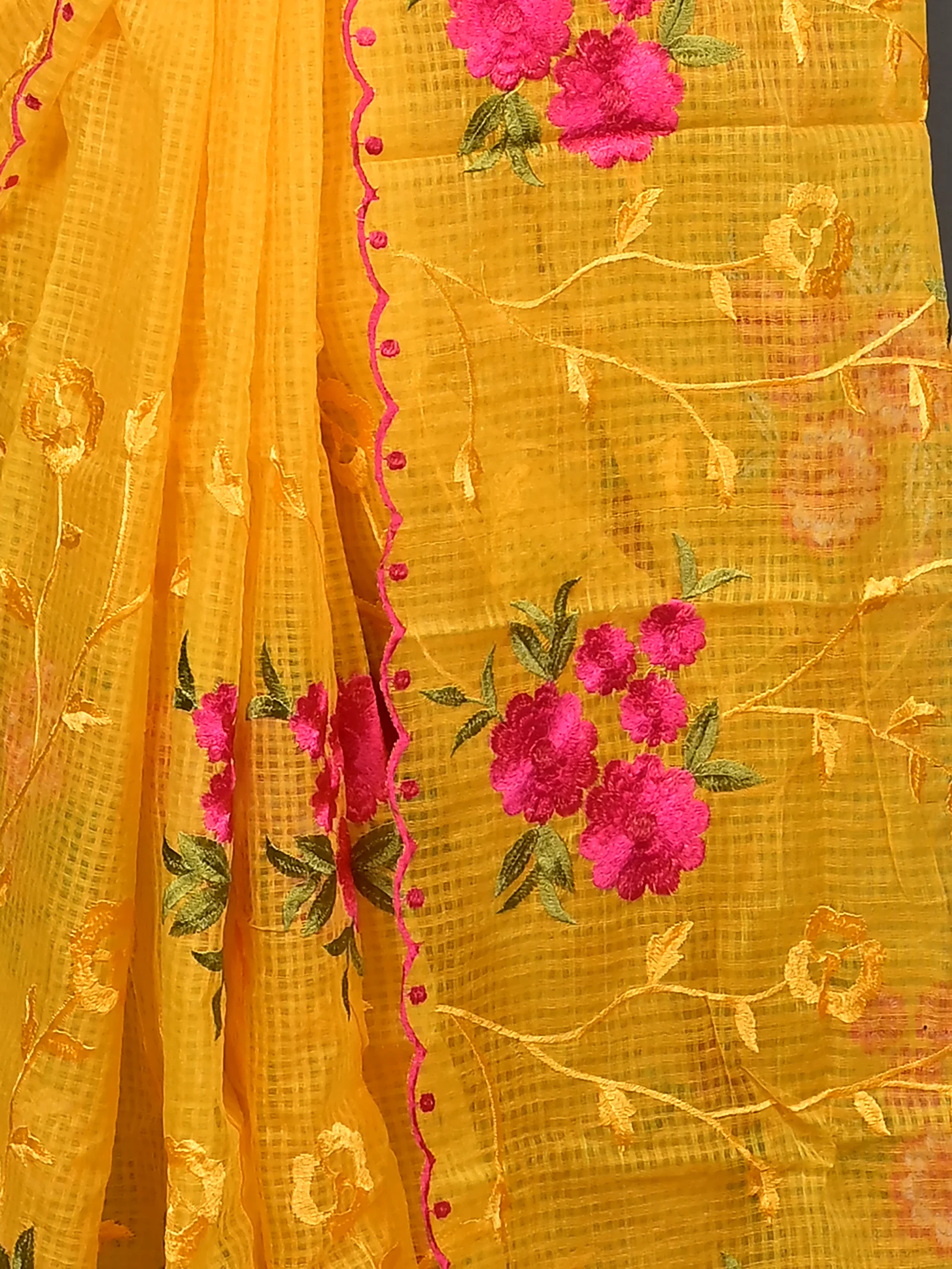 Yellow Cotton Kotambo Mix Kota Embroidery Saree  (29)