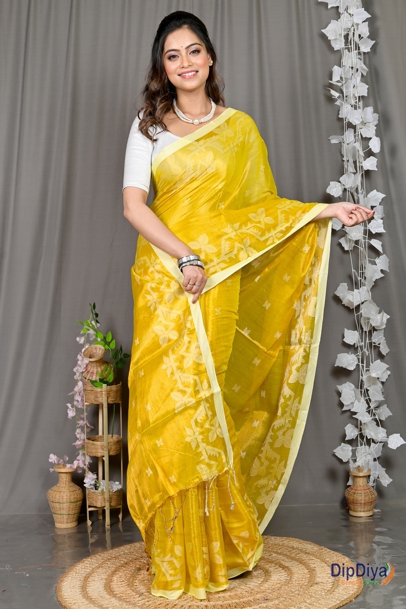 Yellow Cotton Silk Parashar Tissue Jamdani Saree (290)
