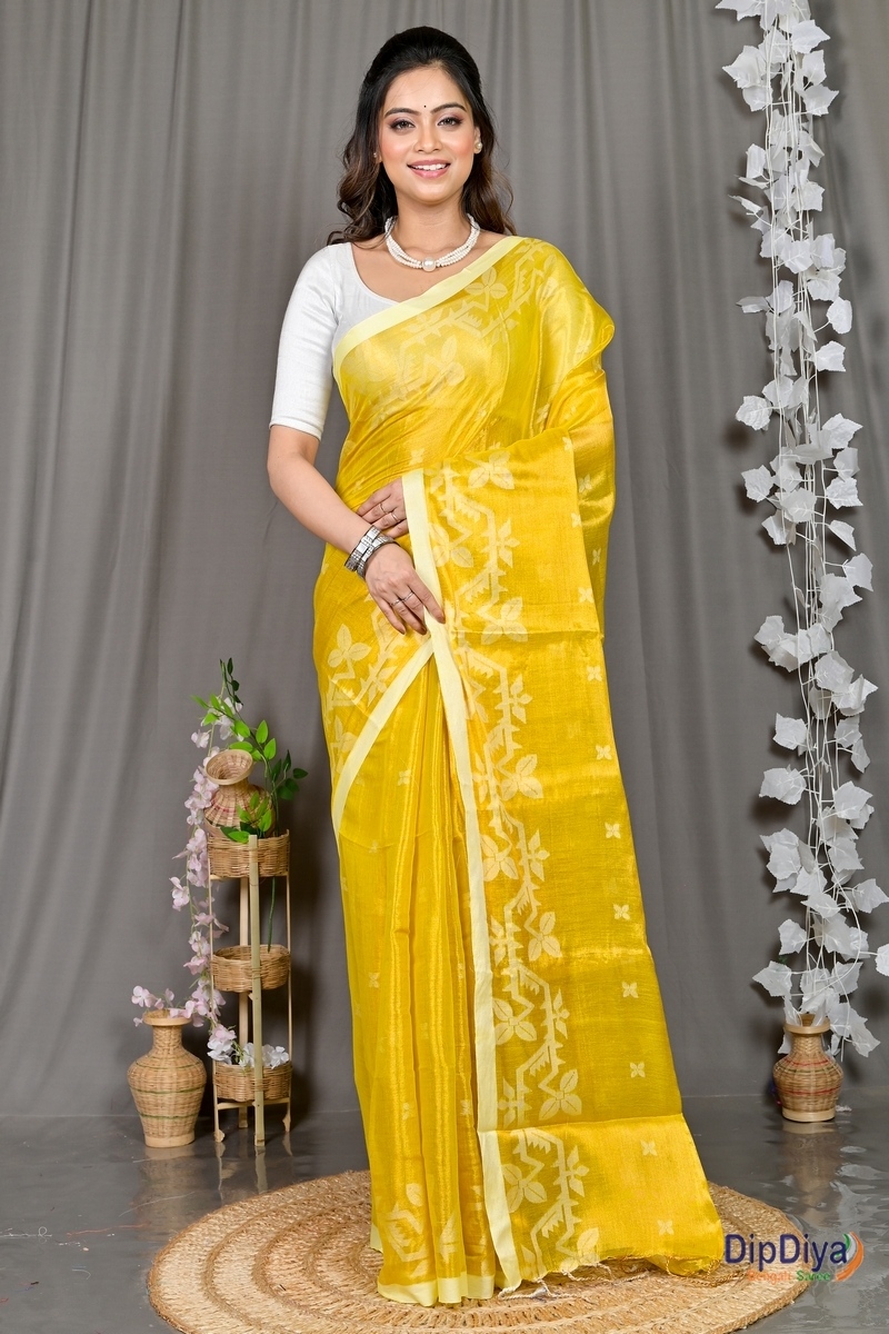 Yellow Cotton Silk Parashar Tissue Jamdani Saree (290)