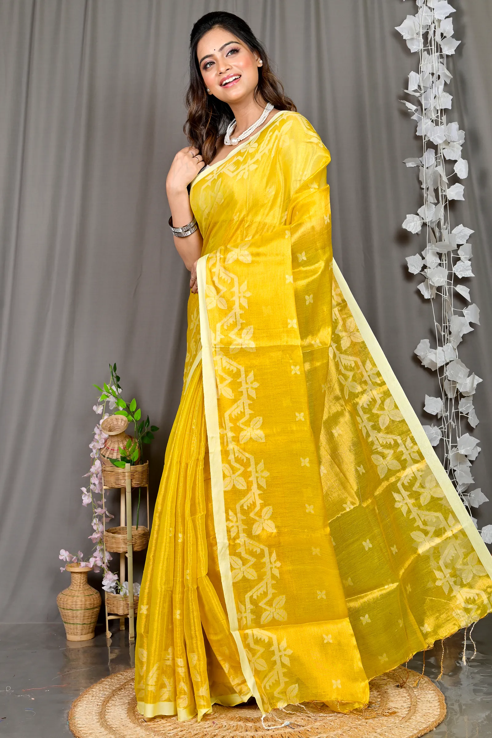 Yellow Cotton Silk Parashar Tissue Jamdani Saree (290)