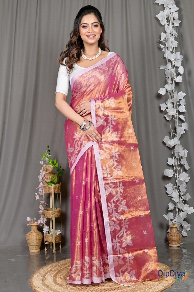 Lotus Pink Cotton Silk Parashar Tissue Jamdani Saree (291)