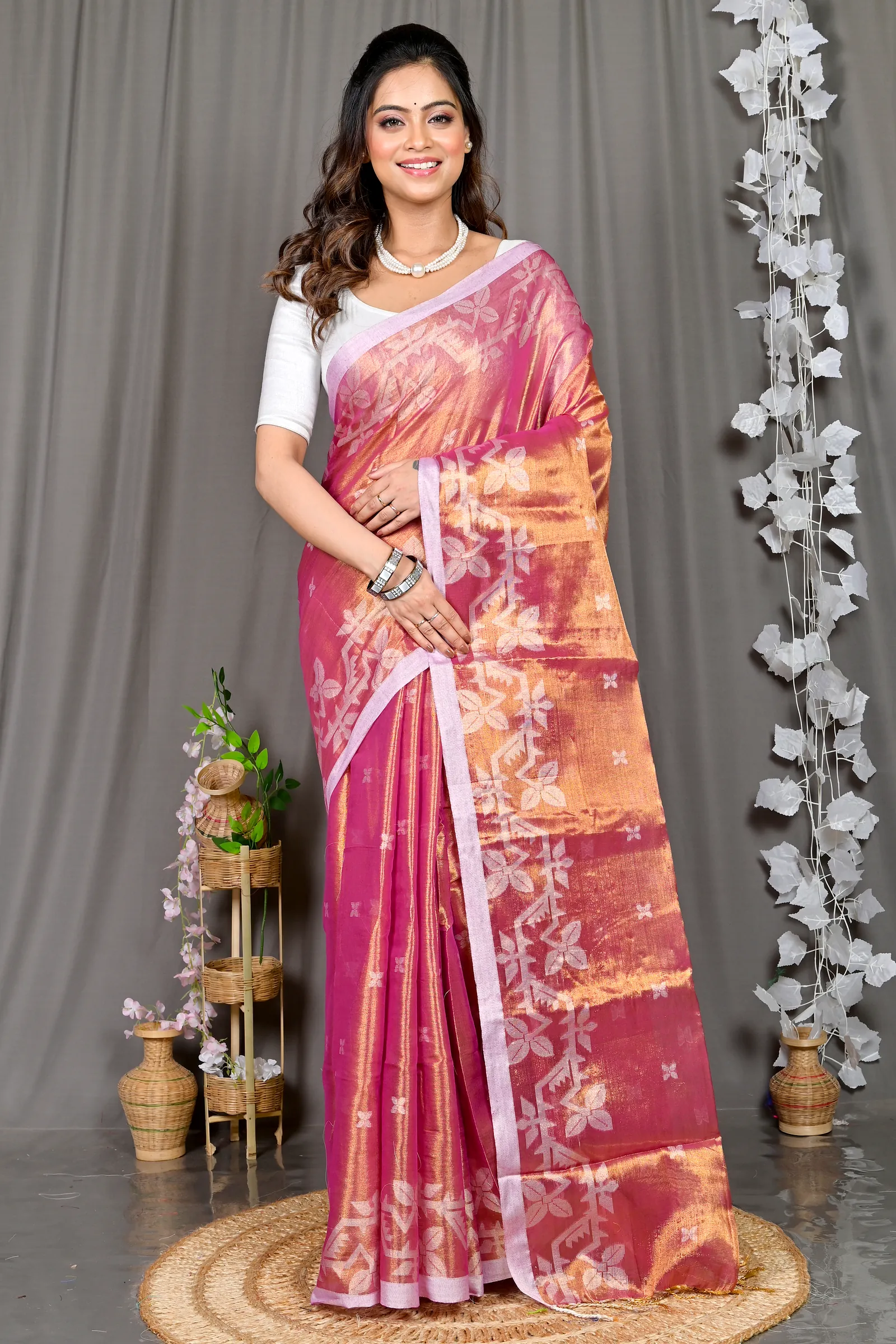 Lotus Pink Cotton Silk Parashar Tissue Jamdani Saree (291)