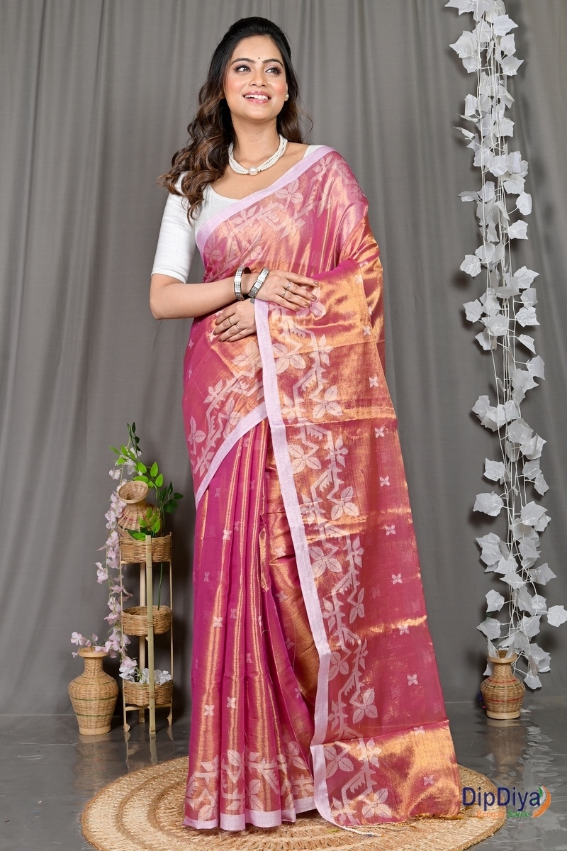 Lotus Pink Cotton Silk Parashar Tissue Jamdani Saree (291)