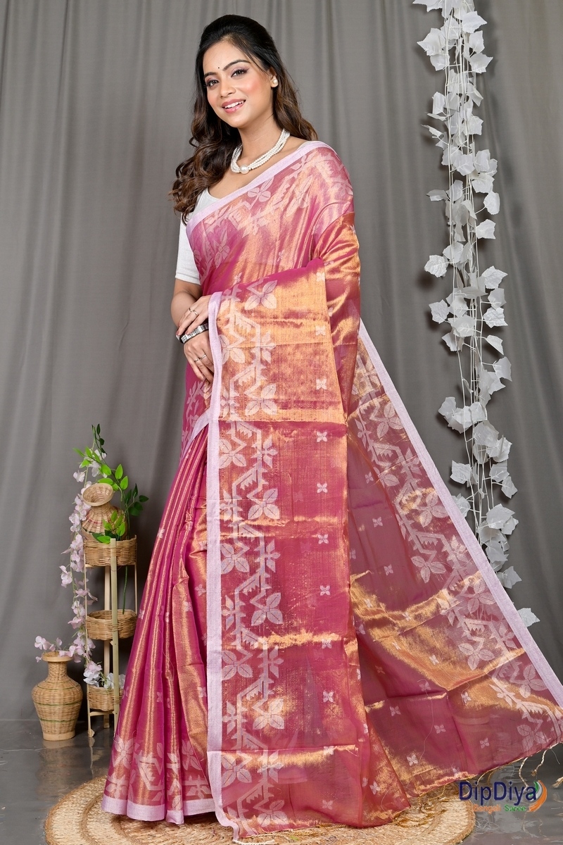 Lotus Pink Cotton Silk Parashar Tissue Jamdani Saree (291)