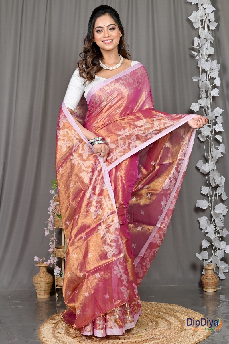 Lotus Pink Cotton Silk Parashar Tissue Jamdani Saree (291)