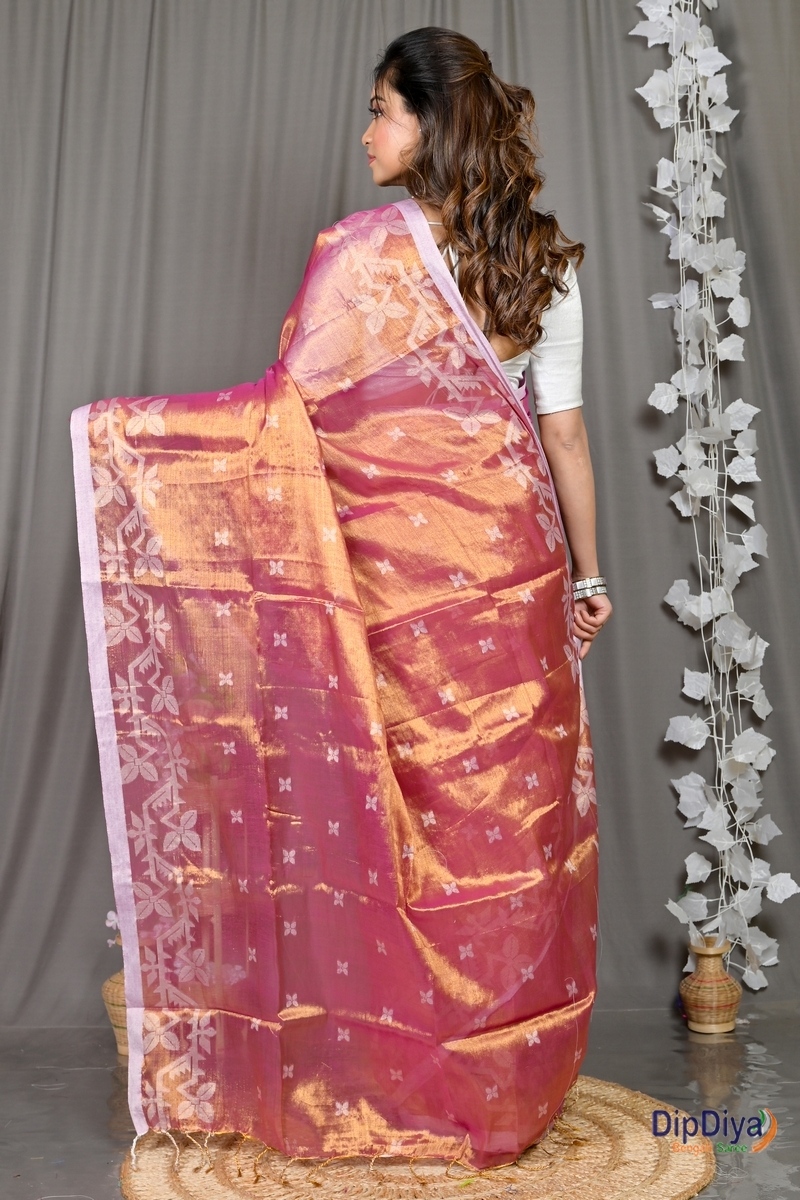 Lotus Pink Cotton Silk Parashar Tissue Jamdani Saree (291)
