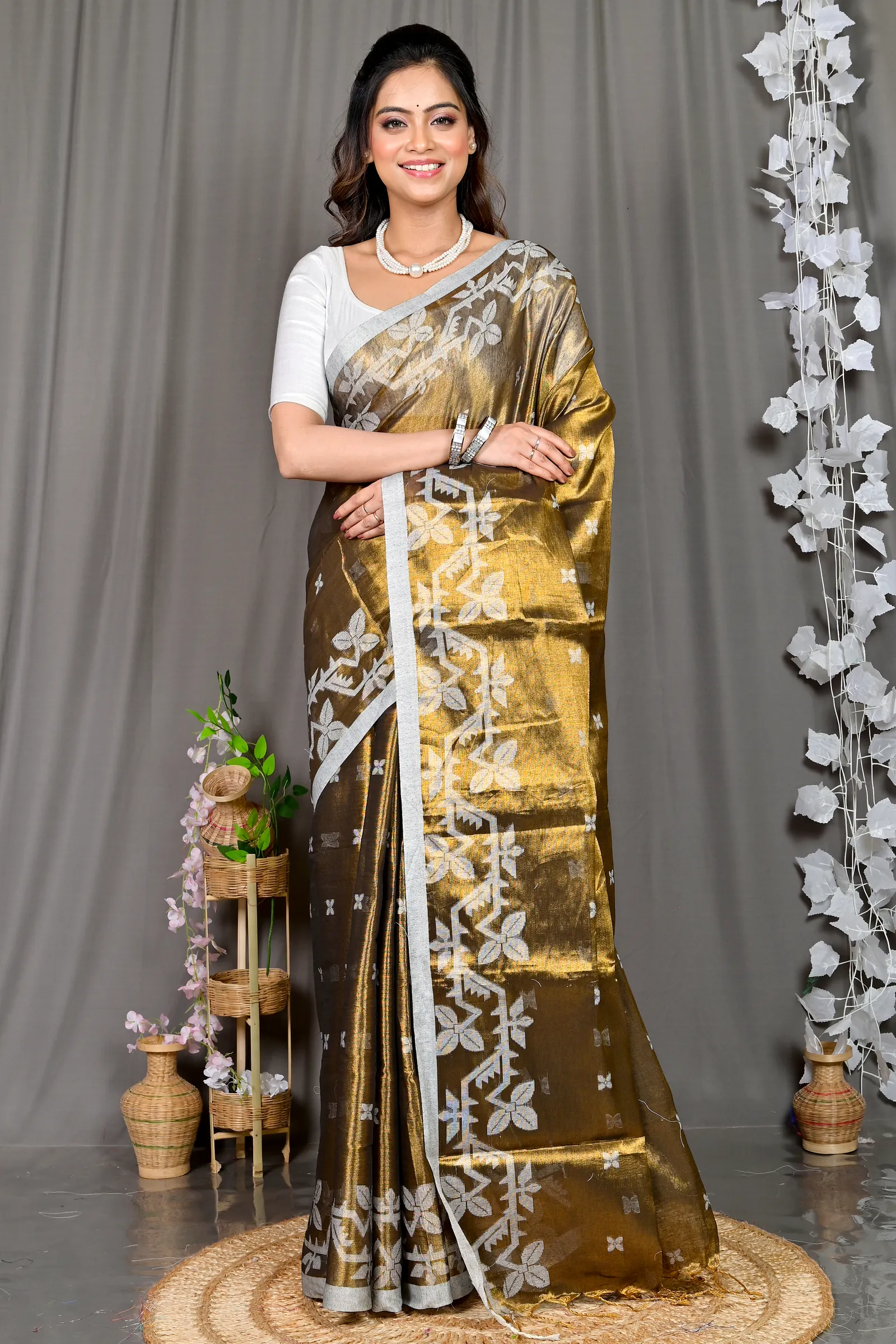 Brown Cotton Silk Parashar Tissue Jamdani Saree (292)