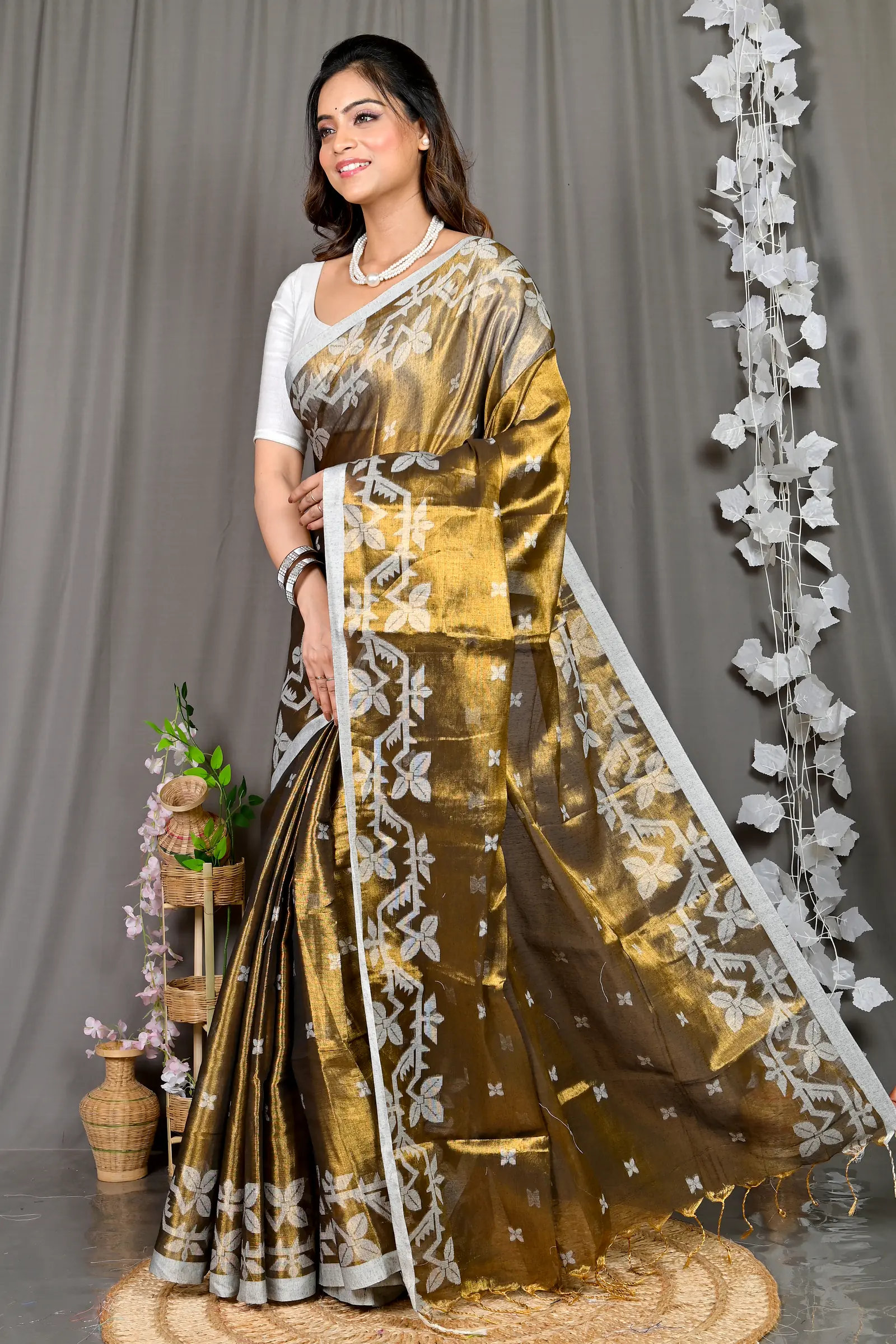 Brown Cotton Silk Parashar Tissue Jamdani Saree (292)