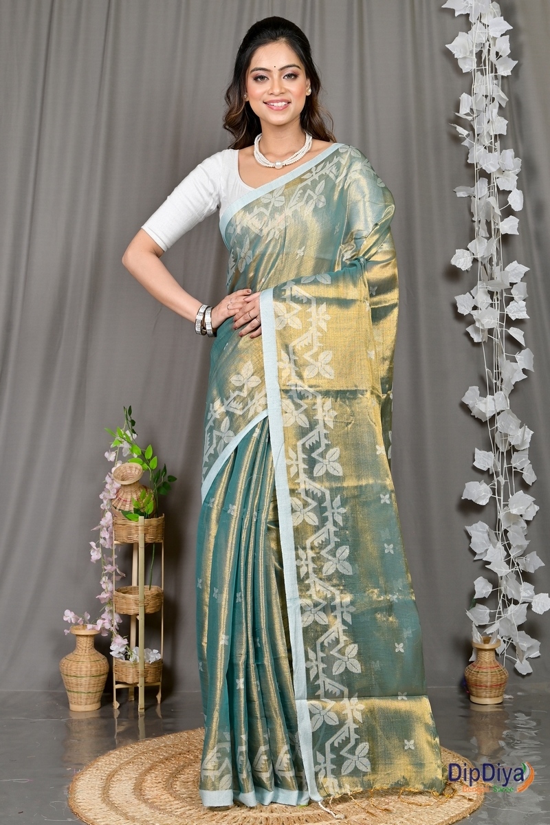 Olive Green Cotton Silk Parashar Tissue Jamdani Saree (293)