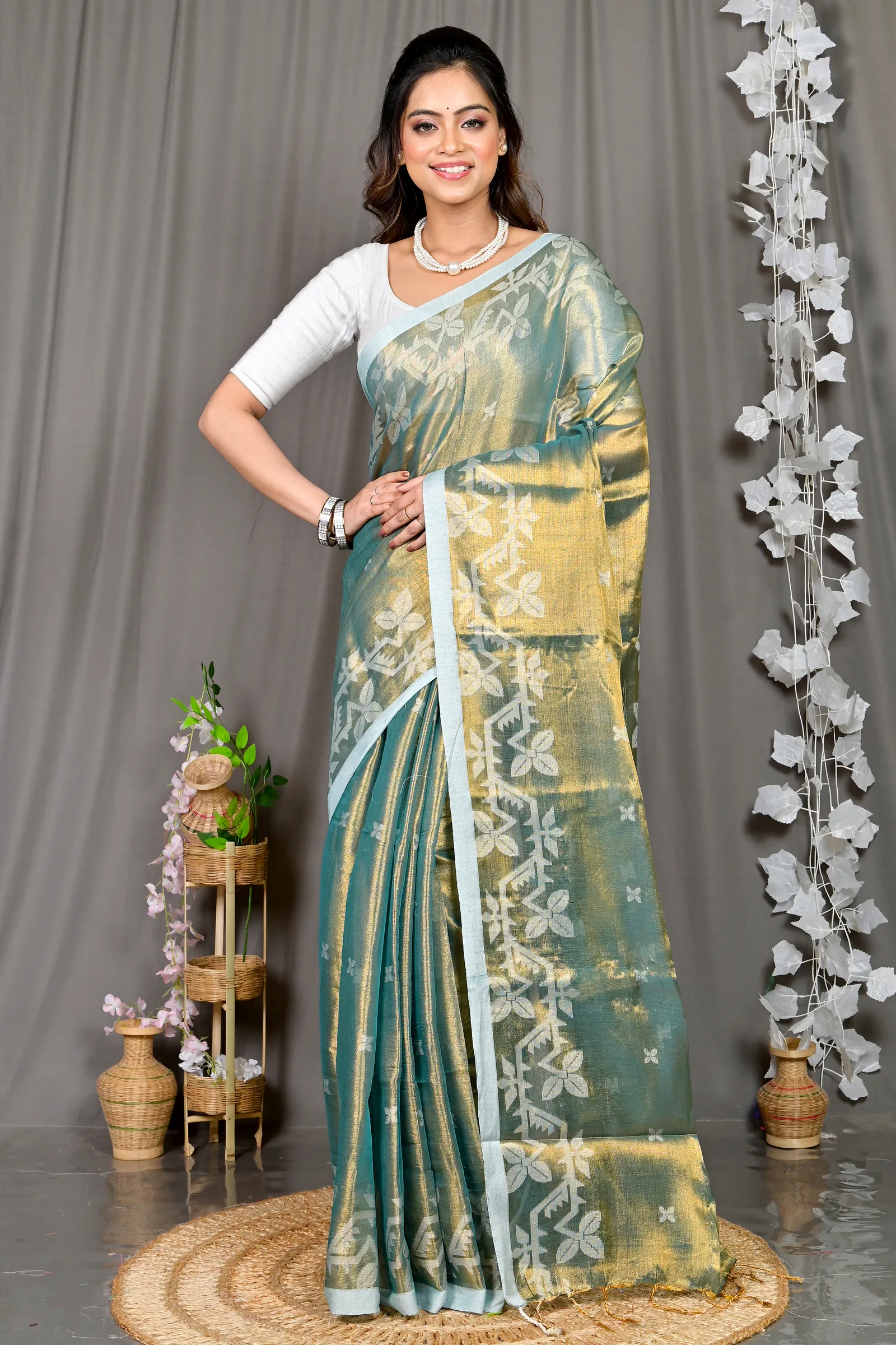 Olive Green Cotton Silk Parashar Tissue Jamdani Saree (293)