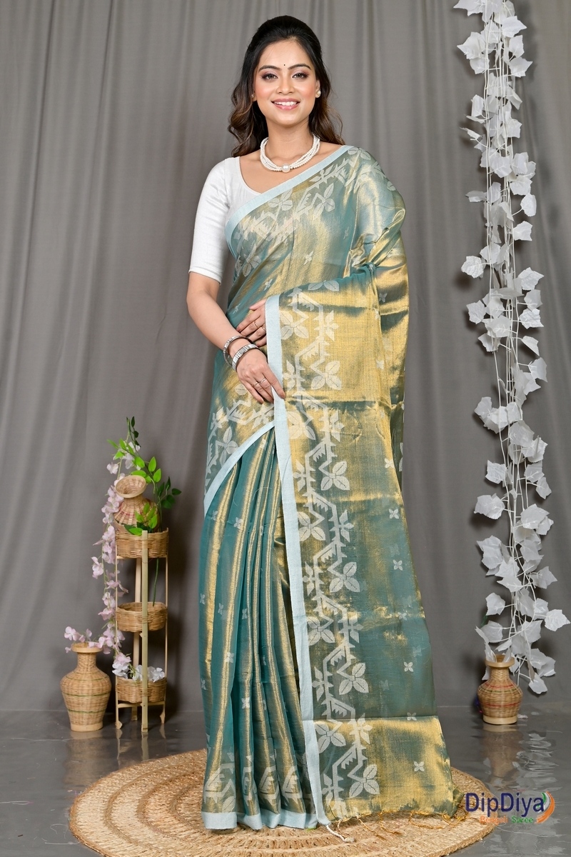 Olive Green Cotton Silk Parashar Tissue Jamdani Saree (293)
