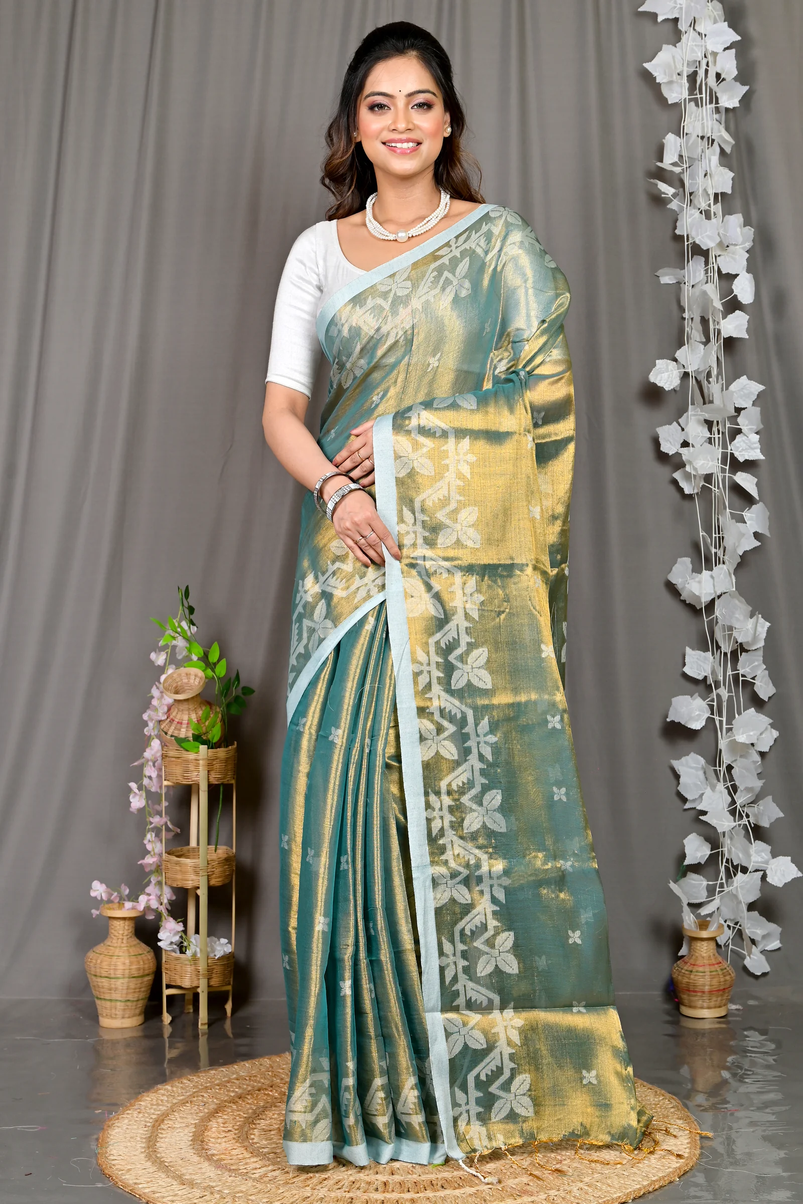 Olive Green Cotton Silk Parashar Tissue Jamdani Saree (293)
