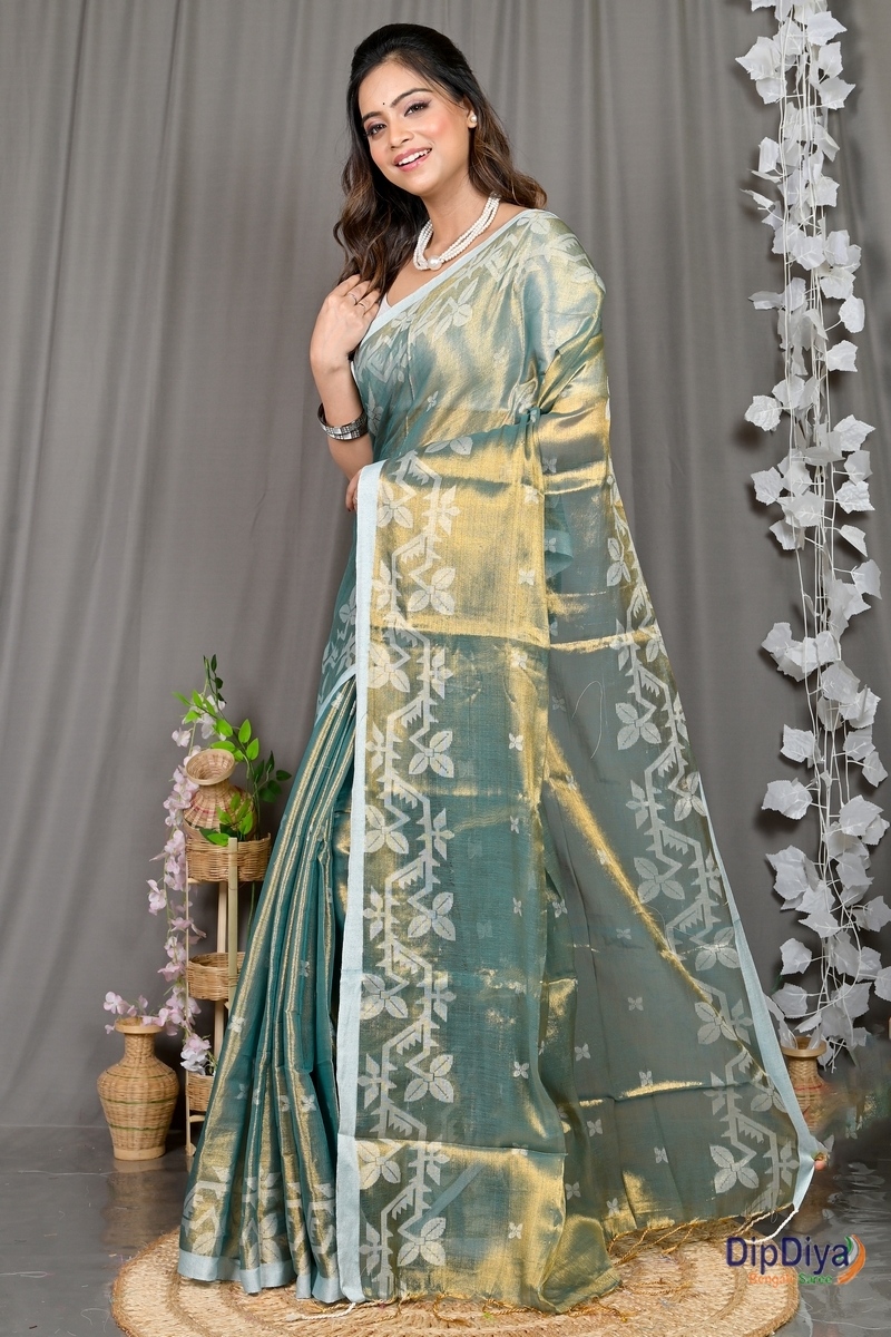 Olive Green Cotton Silk Parashar Tissue Jamdani Saree (293)