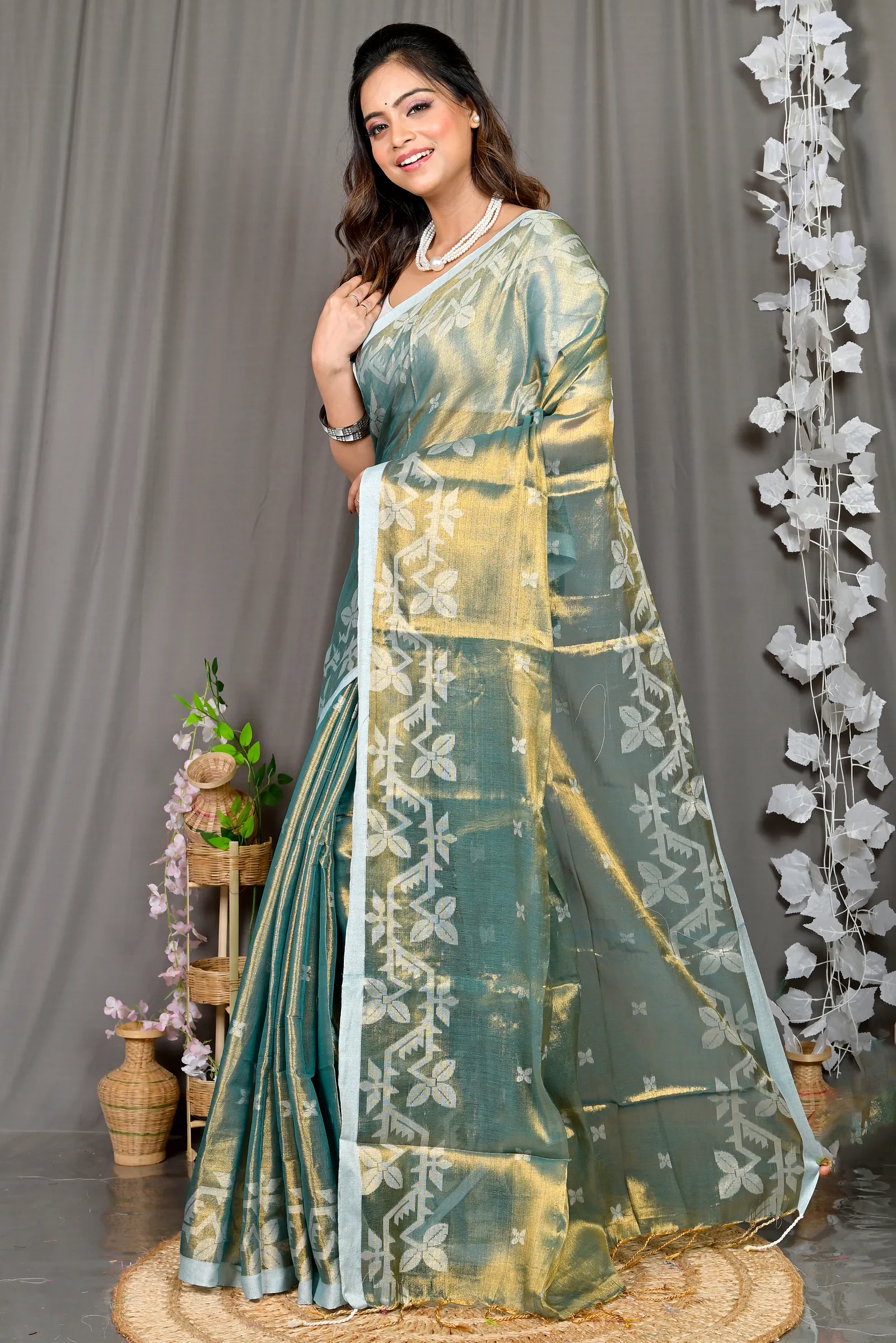 Olive Green Cotton Silk Parashar Tissue Jamdani Saree (293)