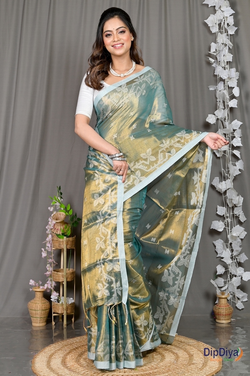 Olive Green Cotton Silk Parashar Tissue Jamdani Saree (293)