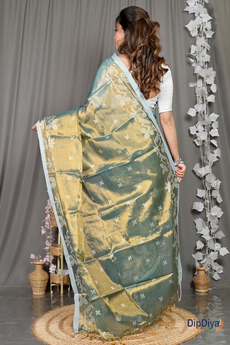 Olive Green Cotton Silk Parashar Tissue Jamdani Saree (293)