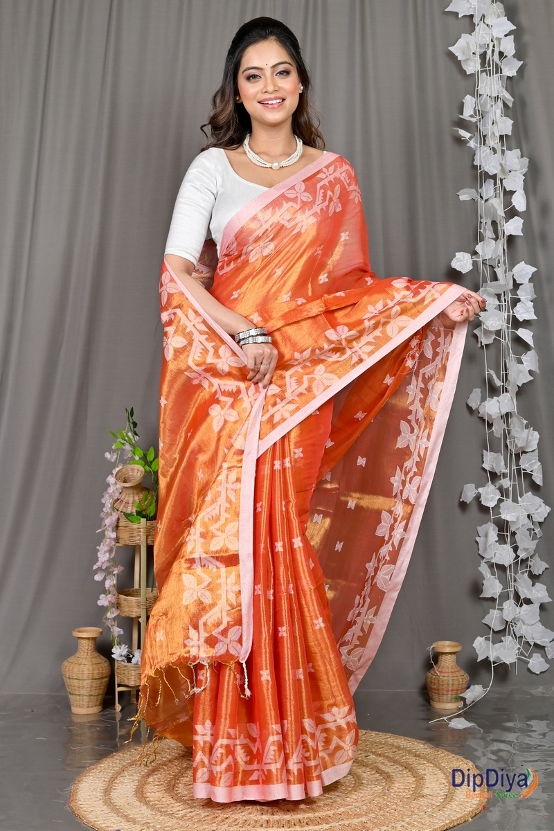 Orange Cotton Silk Parashar Tissue Jamdani Saree (294)
