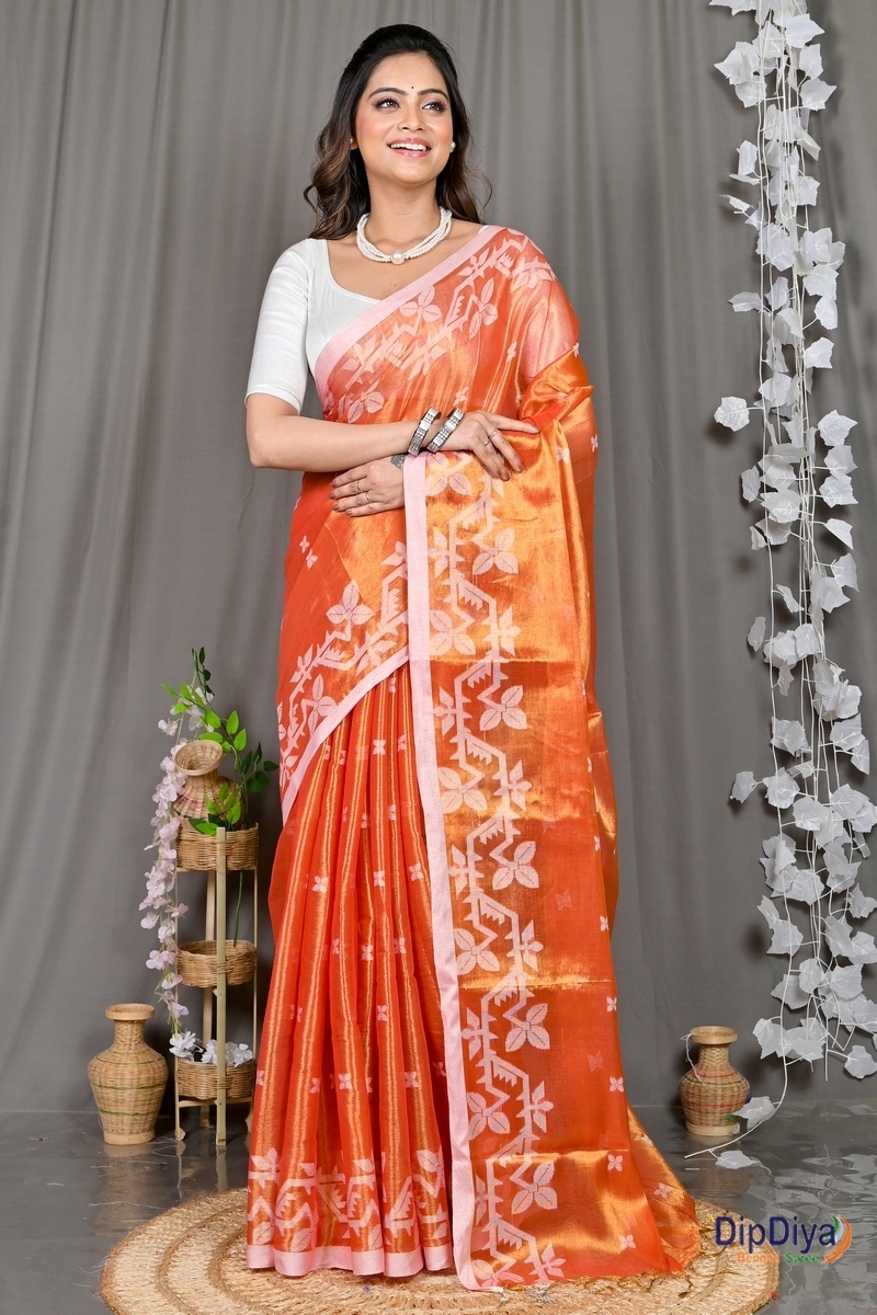 Orange Cotton Silk Parashar Tissue Jamdani Saree (294)