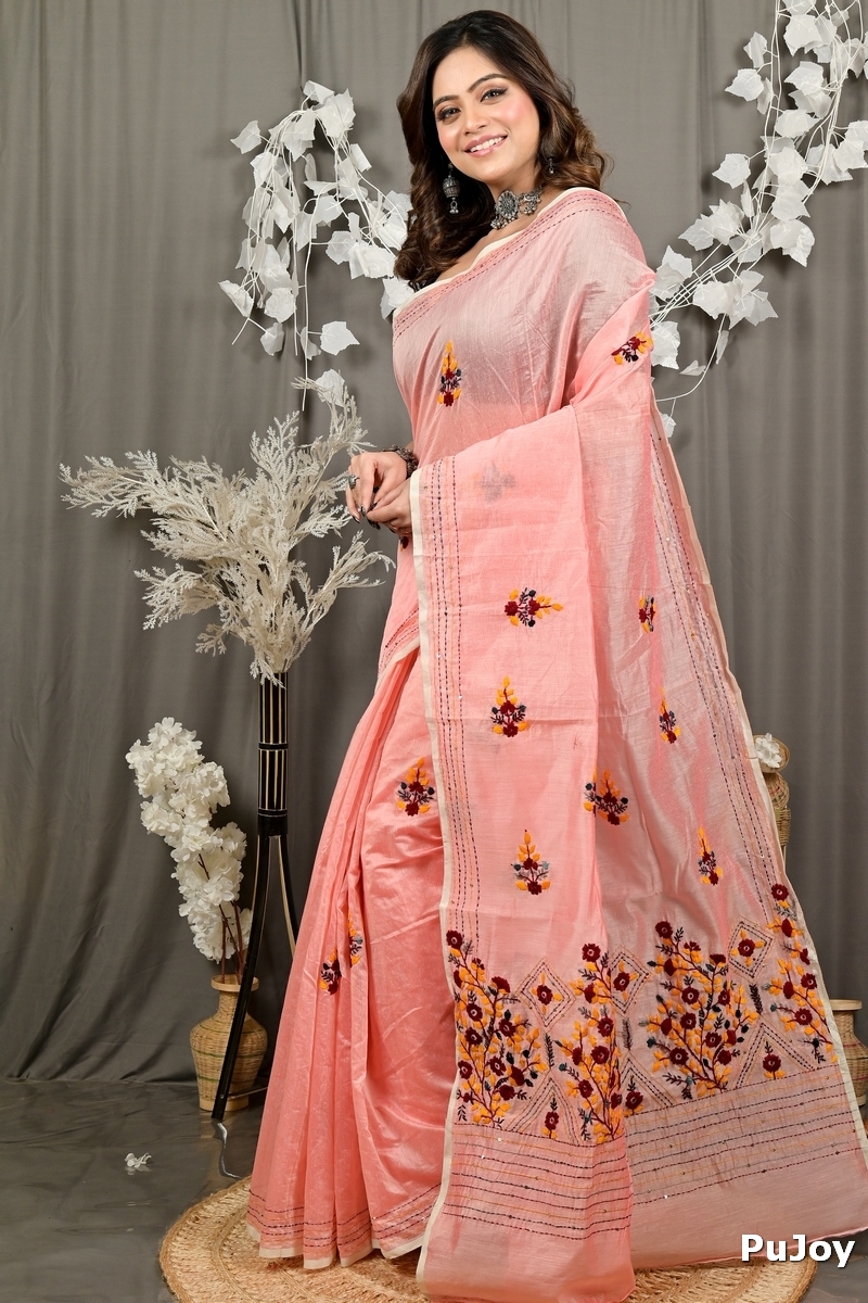 Baby Pink Cotton Blend Dayki Kantha Stitch Saree (2945)