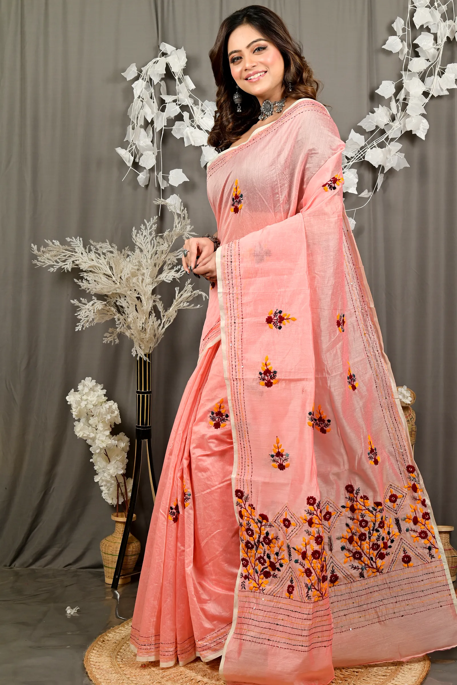 Baby Pink Cotton Blend Dayki Kantha Stitch Saree (2945)