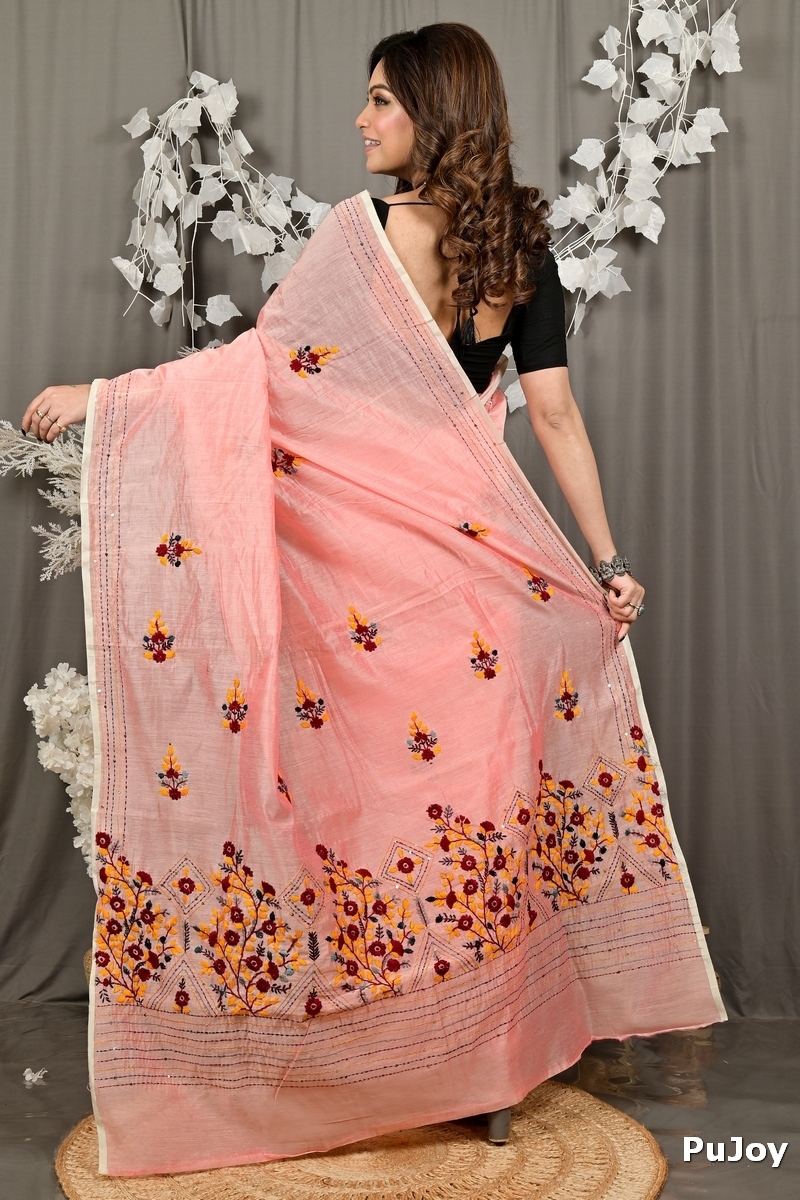 Baby Pink Cotton Blend Dayki Kantha Stitch Saree (2945)
