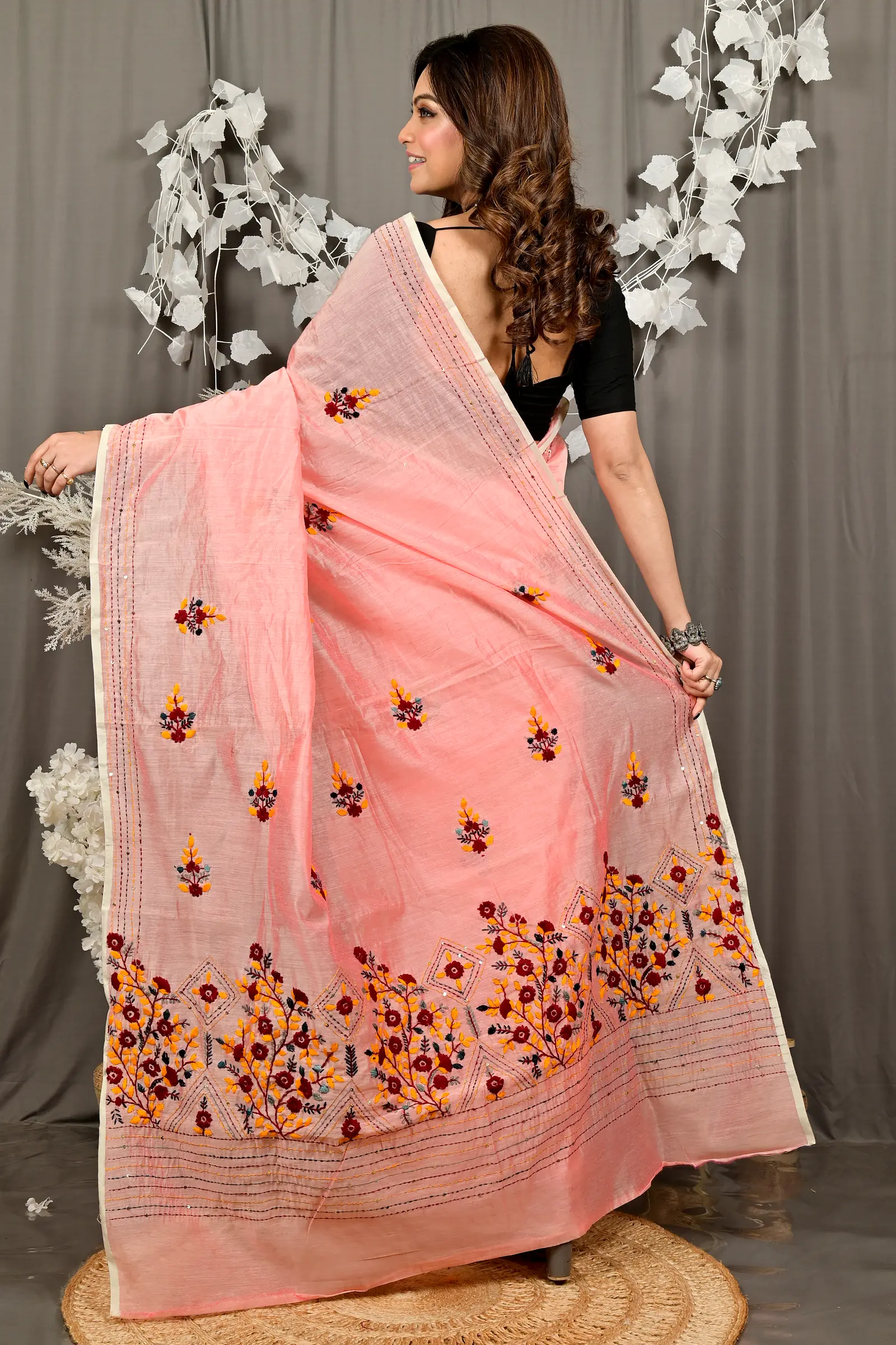 Baby Pink Cotton Blend Dayki Kantha Stitch Saree (2945)