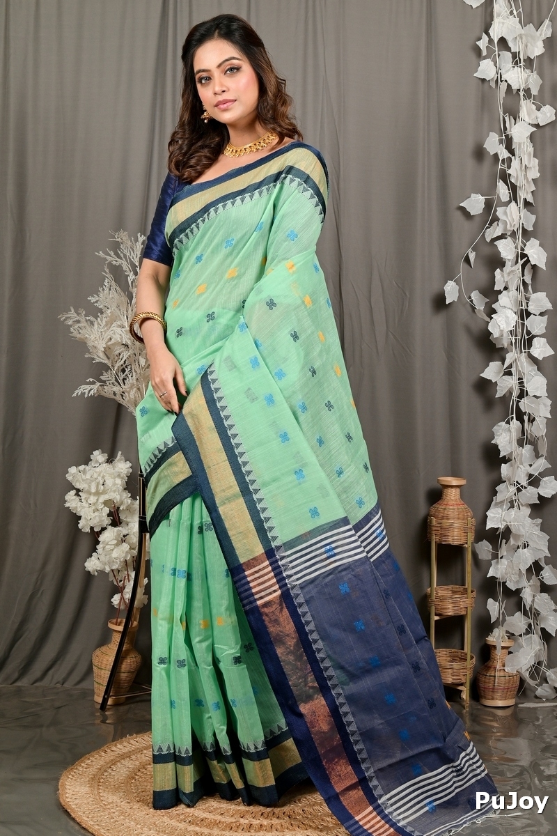 See Green Blue. Pure Cotton Debasi Hand Loom Saree (2946)
