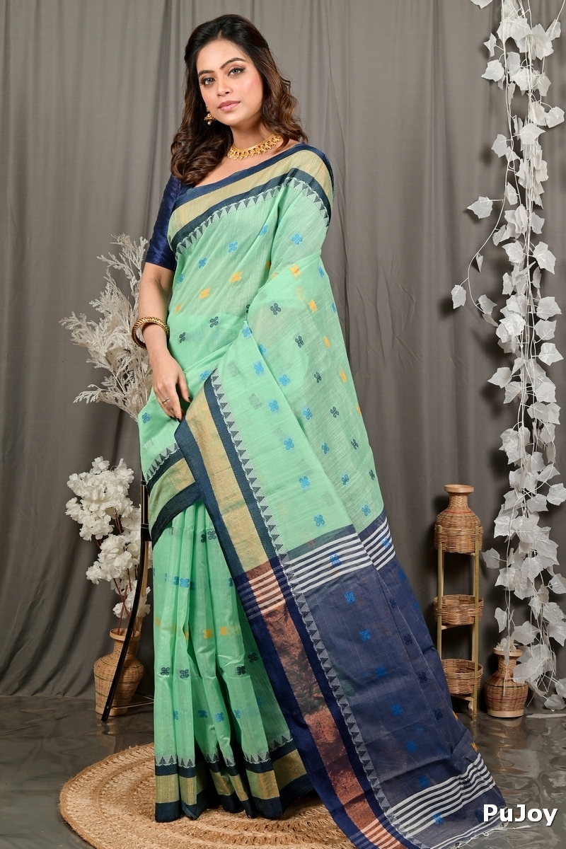 See Green Blue. Pure Cotton Debasi Hand Loom Saree (2946)