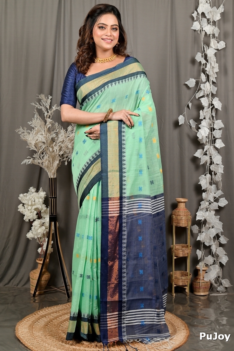 See Green Blue. Pure Cotton Debasi Hand Loom Saree (2946)