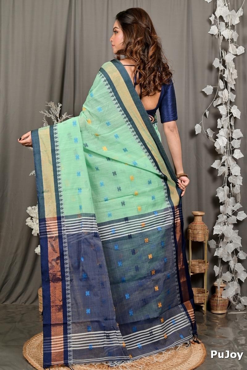 See Green Blue. Pure Cotton Debasi Hand Loom Saree (2946)