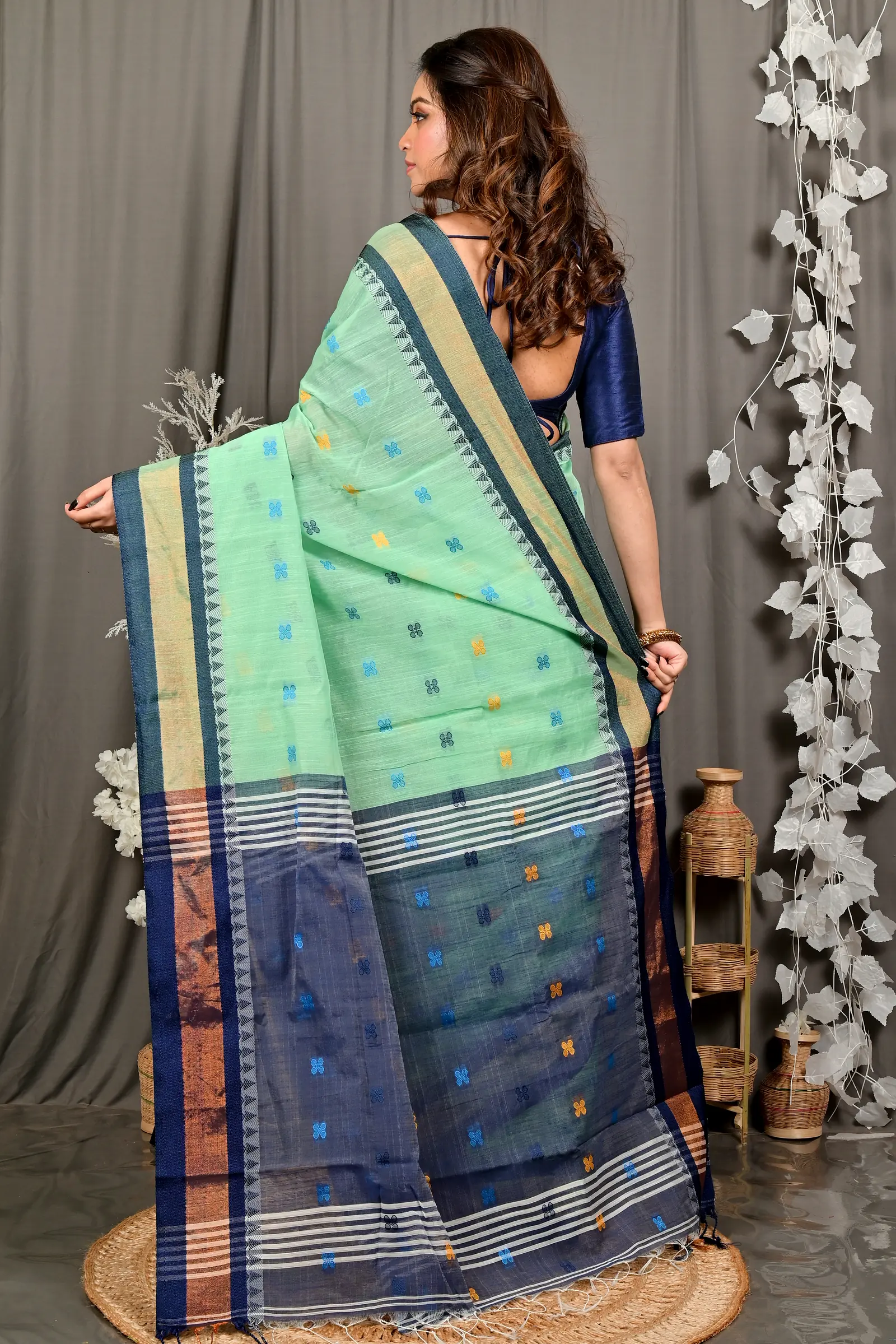 See Green Blue. Pure Cotton Debasi Hand Loom Saree (2946)