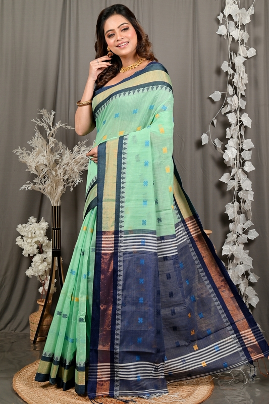 See Green Blue. Pure Cotton Debasi Hand Loom Saree (2946)