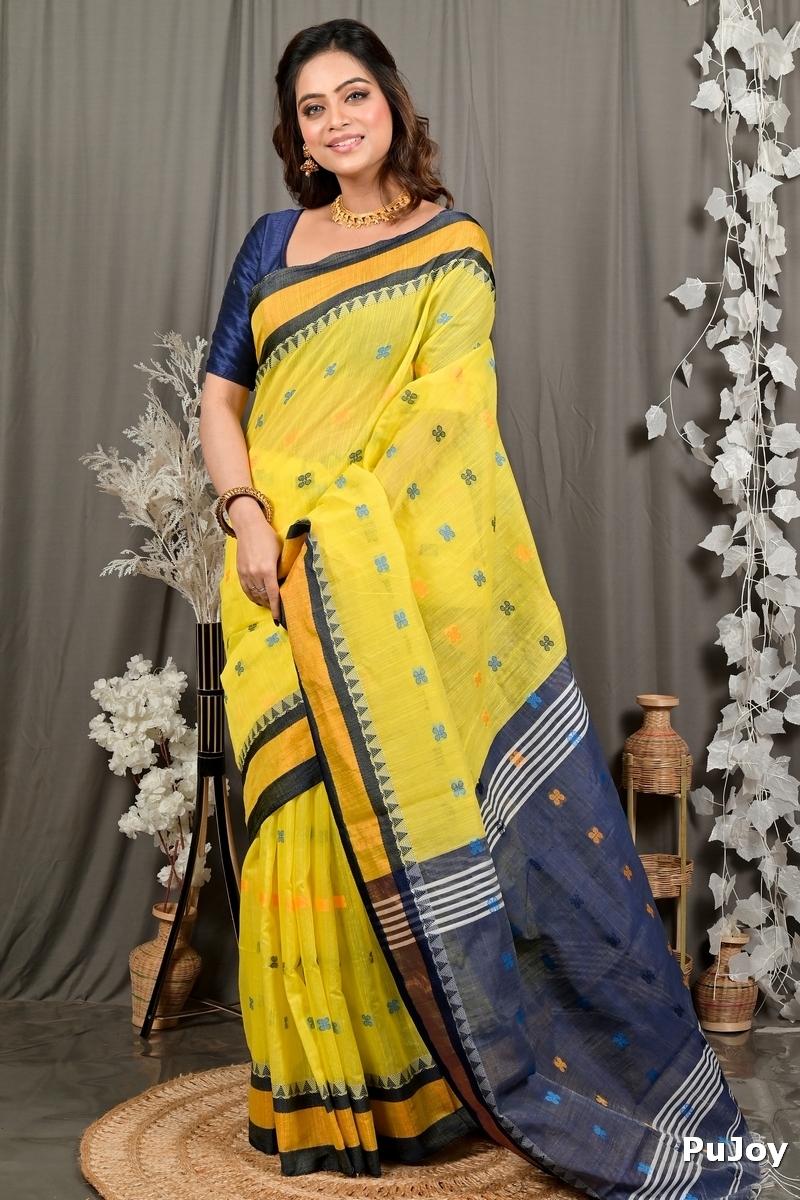 Yellow Blue Pure Cotton Debasi Hand Loom Saree (2947)