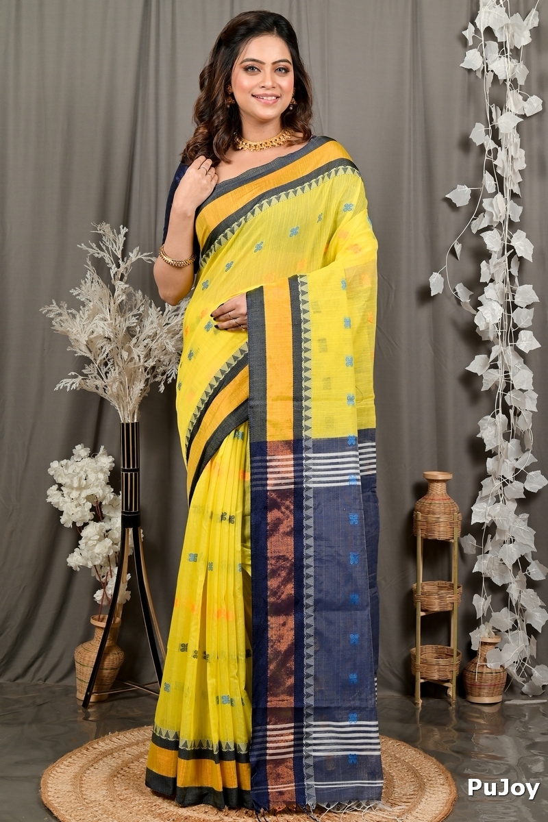 Yellow Blue Pure Cotton Debasi Hand Loom Saree (2947)