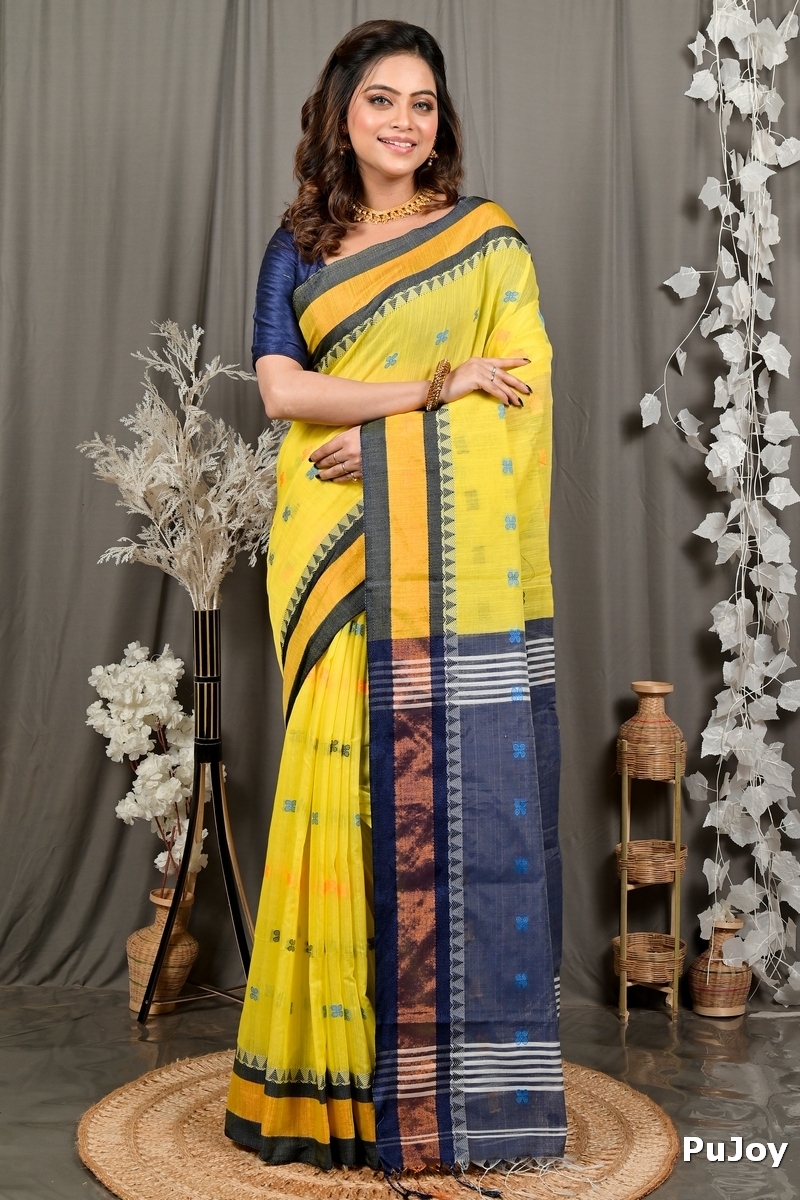Yellow Blue Pure Cotton Debasi Hand Loom Saree (2947)