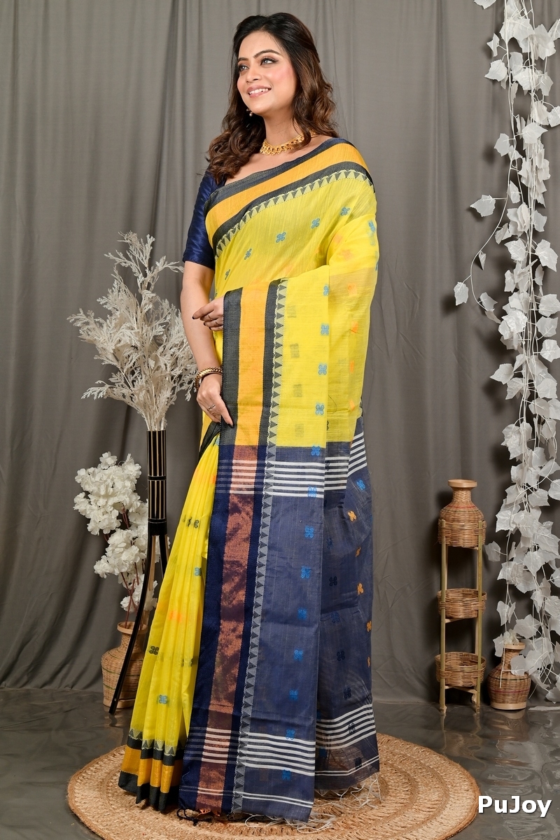 Yellow Blue Pure Cotton Debasi Hand Loom Saree (2947)
