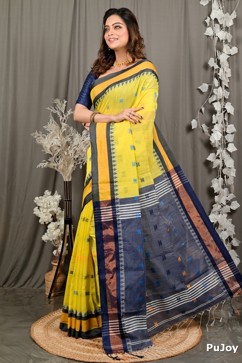 Yellow Blue Pure Cotton Debasi Hand Loom Saree (2947)