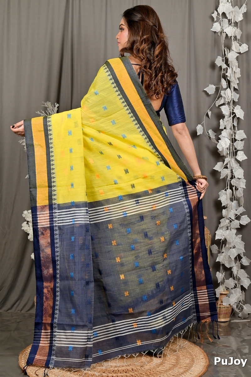 Yellow Blue Pure Cotton Debasi Hand Loom Saree (2947)