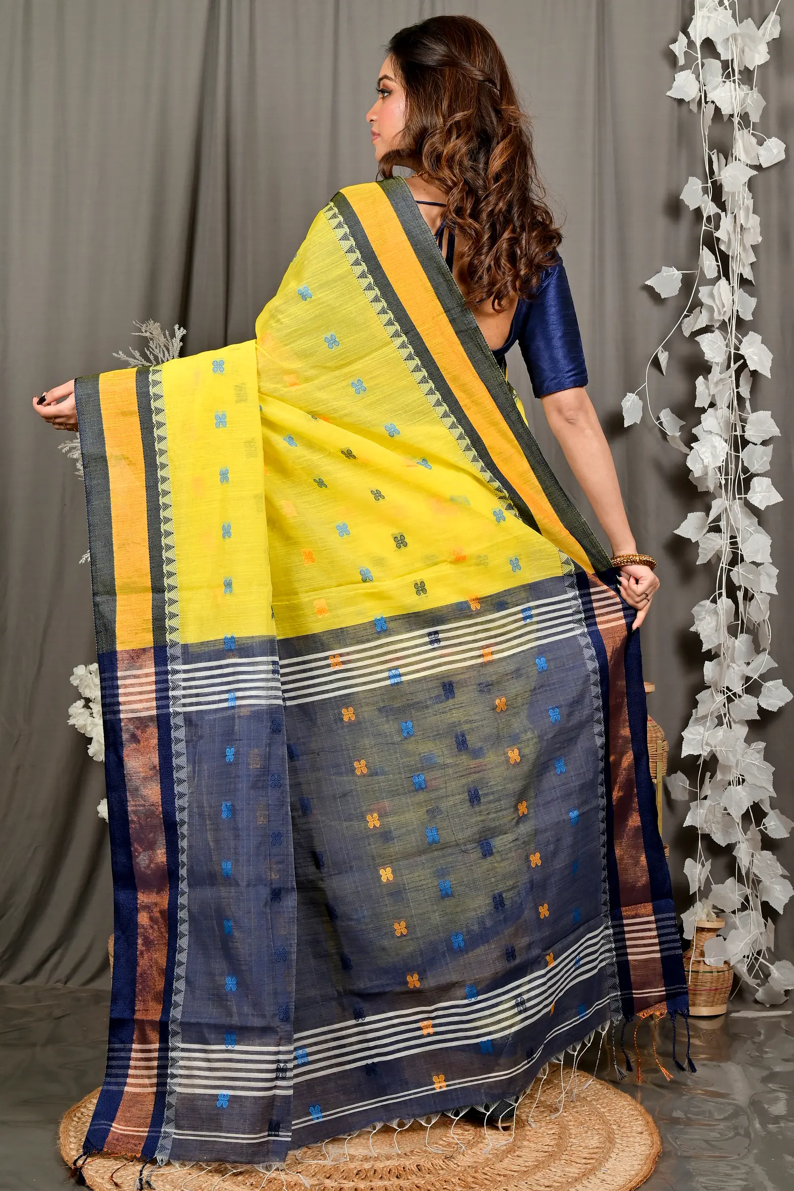 Yellow Blue Pure Cotton Debasi Hand Loom Saree (2947)