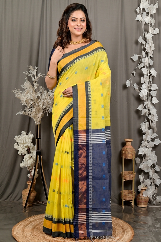 Yellow Blue Pure Cotton Debasi Hand Loom Saree (2947)