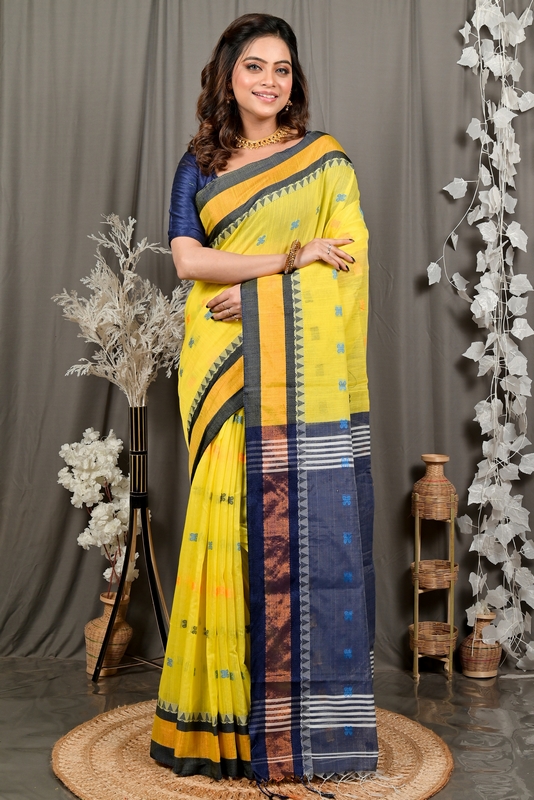 Yellow Blue Pure Cotton Debasi Hand Loom Saree (2947)