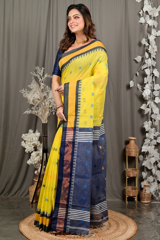 Yellow Blue Pure Cotton Debasi Hand Loom Saree (2947)