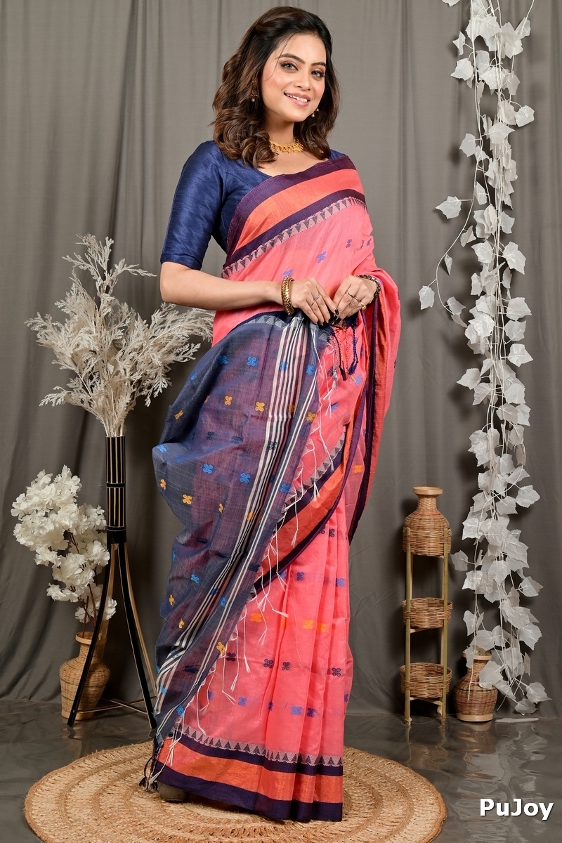 Rani Pink Blue Pure Cotton Debasi Hand Loom Saree (2948)