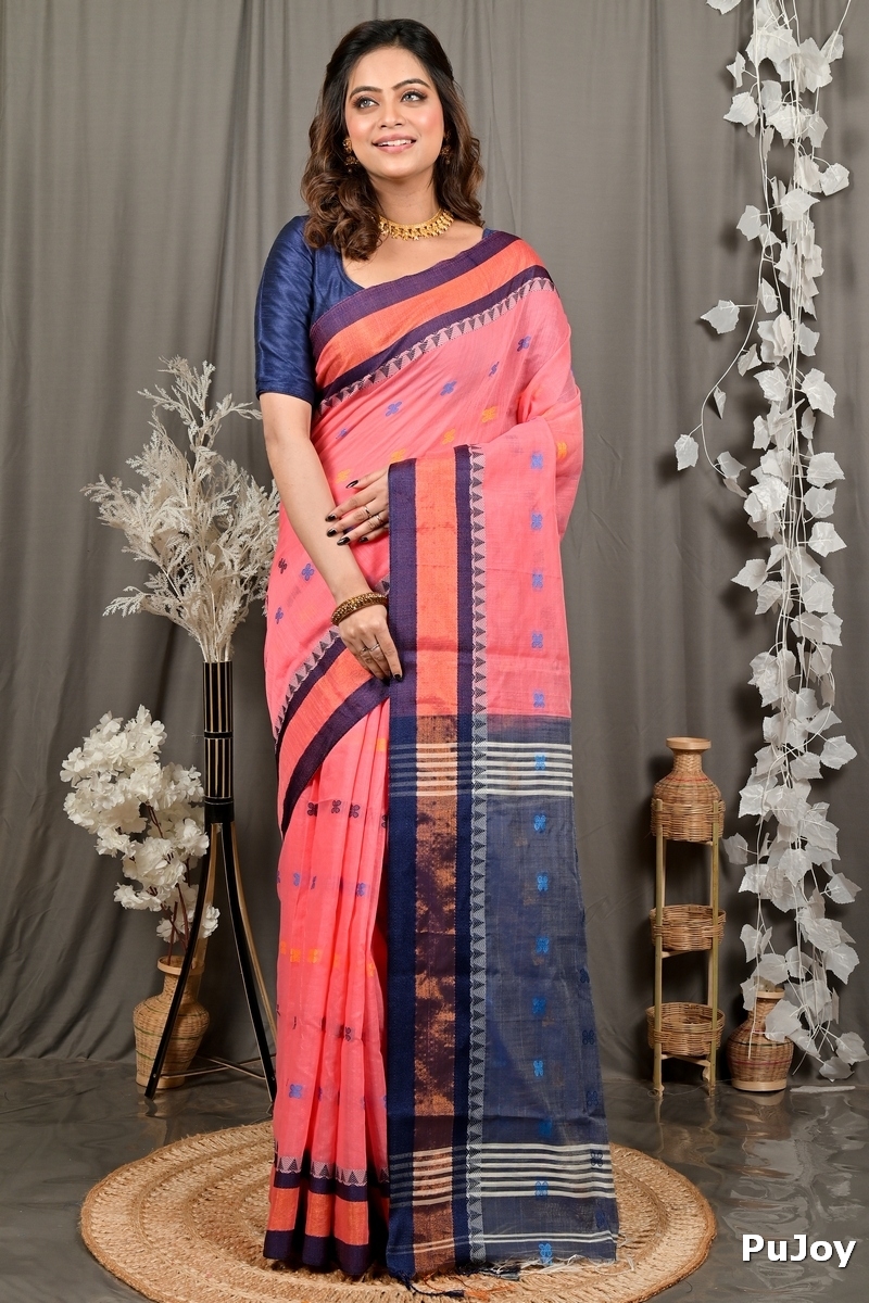 Rani Pink Blue Pure Cotton Debasi Hand Loom Saree (2948)