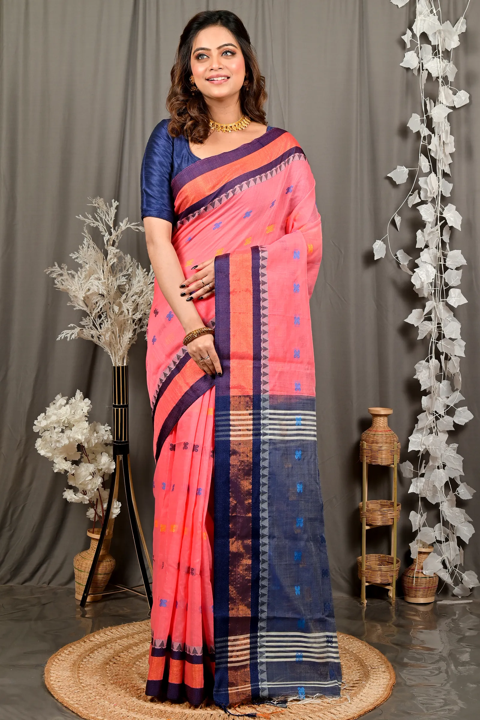 Rani Pink Blue Pure Cotton Debasi Hand Loom Saree (2948)