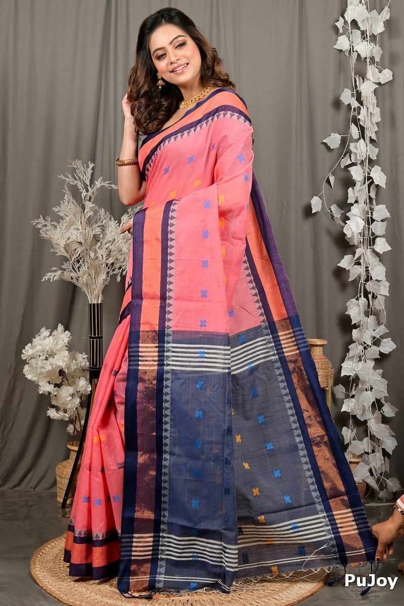 Rani Pink Blue Pure Cotton Debasi Hand Loom Saree (2948)