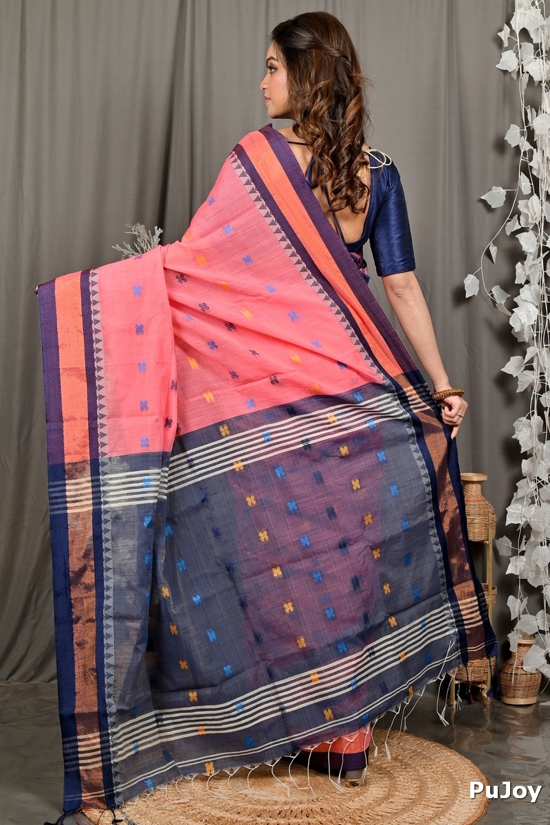 Rani Pink Blue Pure Cotton Debasi Hand Loom Saree (2948)