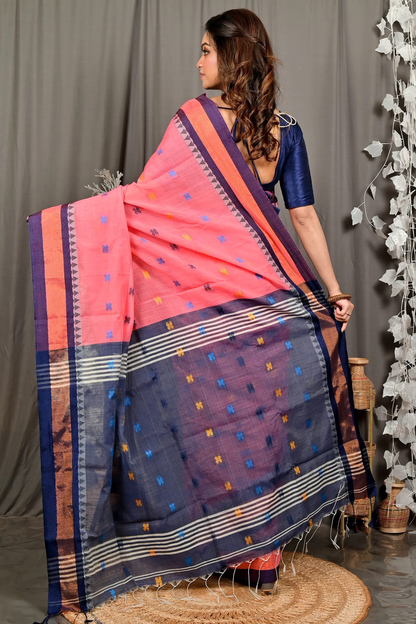 Rani Pink Blue Pure Cotton Debasi Hand Loom Saree (2948)